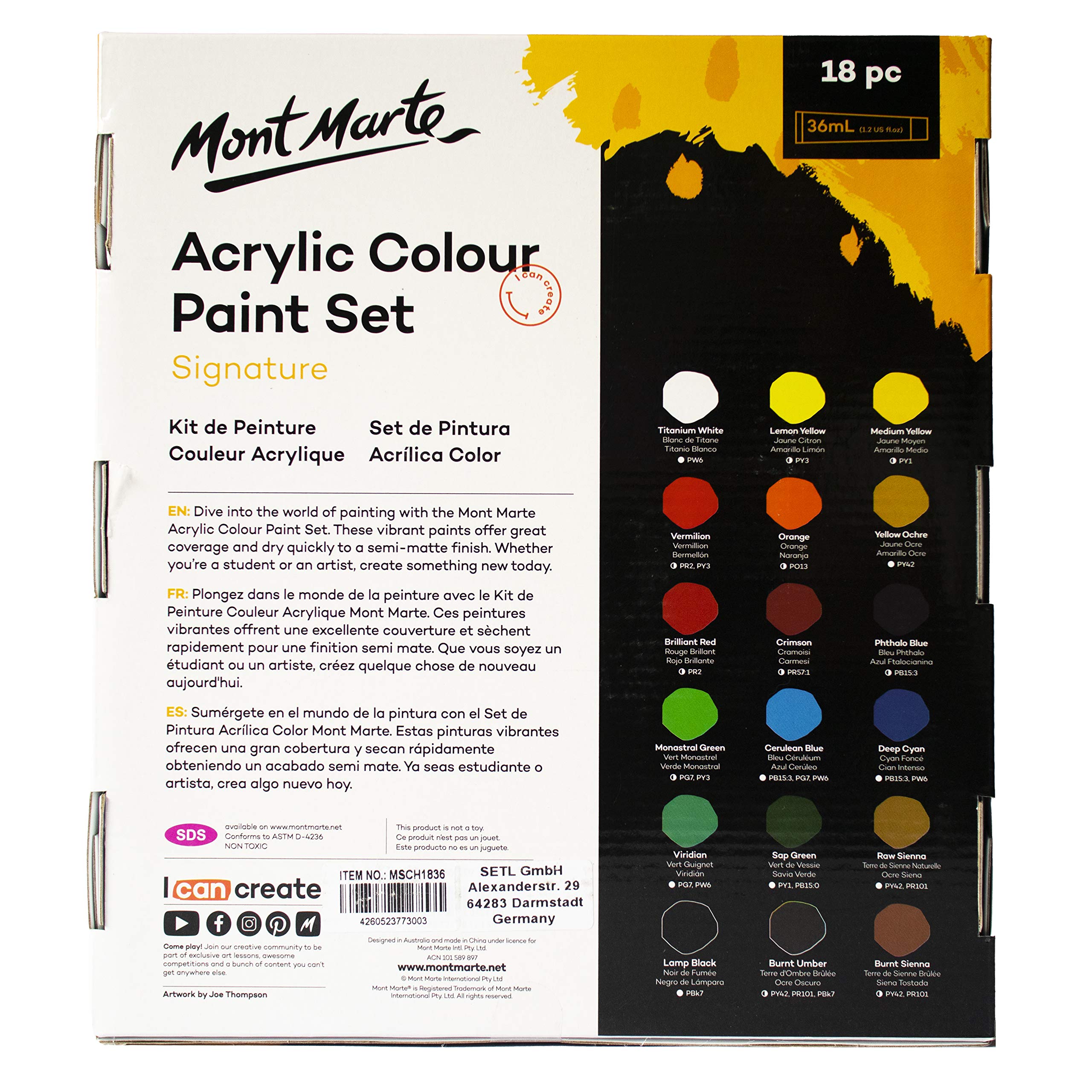 Acrylic Colour Paint Set 18 Colour 36 ml - Mont Marte - Image 4